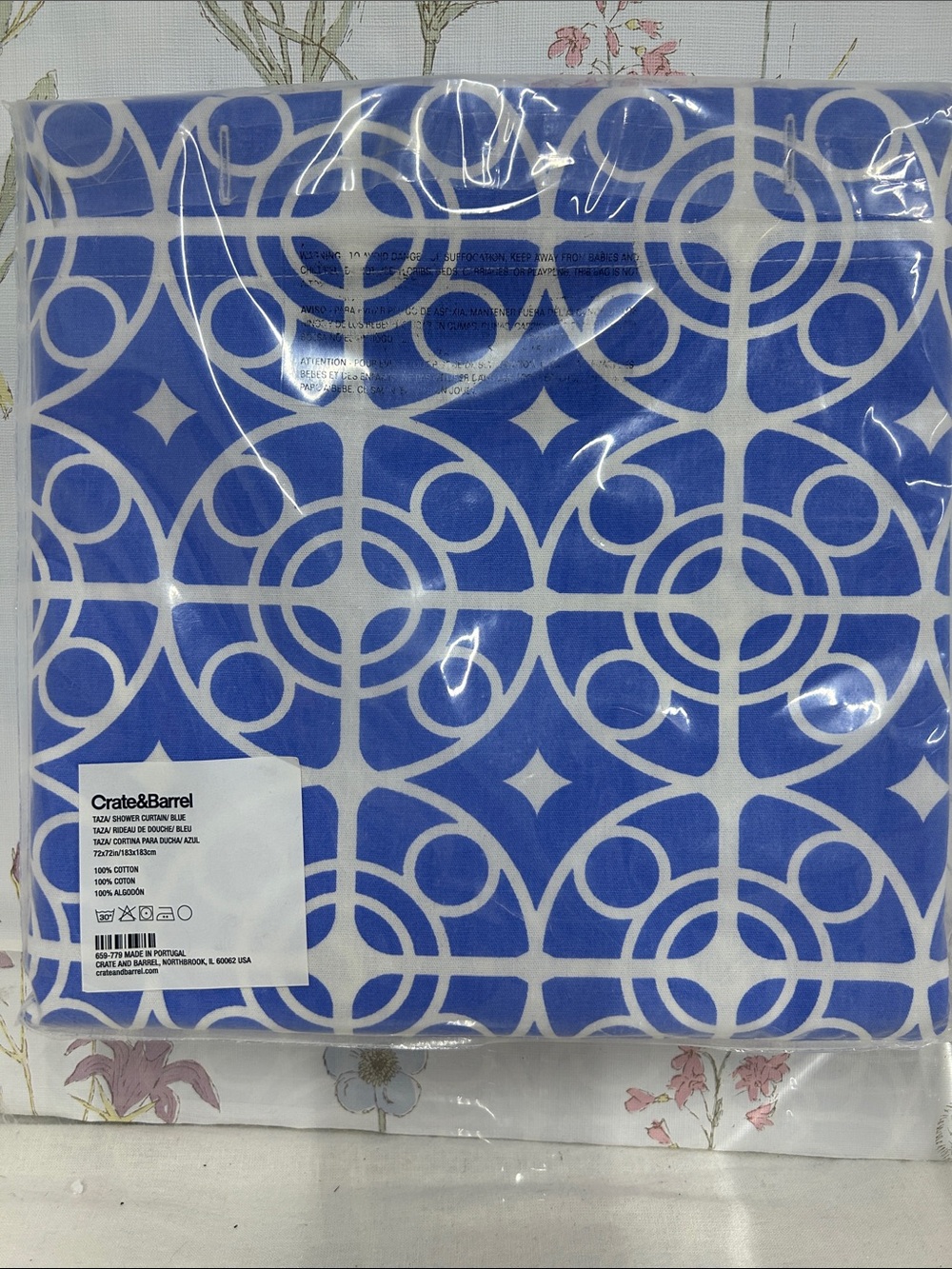 Crate&Barrel Blue and White Geometric Shower Curtain